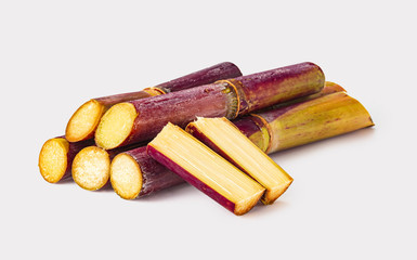 Sliced Sugar cane stalks isolated on white background
