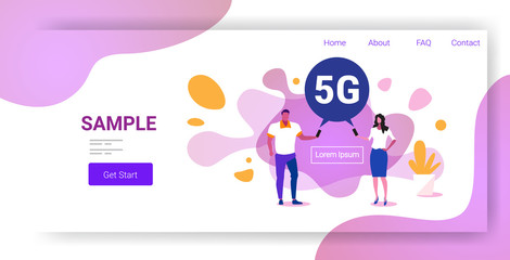 man woman using smartphones 5G online chat bubble communication fifth innovative generation of internet connection concept modern abstract background full length horizontal copy space vector