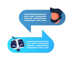 Chatbot robot concept. Dialog help service. Artifical intelligence customer support. Vector flat illustration characters icon robotic services social help bot