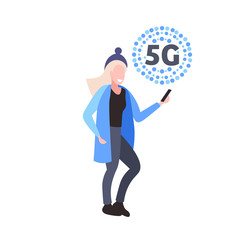 woman using smartphone 5G online communication fifth innovative generation of internet connection concept smiling girl holding cellphone full length vector illustration
