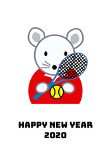 年賀状、年賀状2020、2020、ネズミ、子年、テニス、スポーツ、はがきテンプレート
