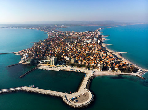 Aerial drone view of Pomorie sity on black sea coast. Summer holiday destination in Bulgaria.