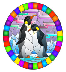 Illustration in stained glass style with a pair of penguins on a background of snow, moon and Northern lights, oval image in bright frame