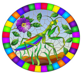 Illustration in stained glass style with green mantis and purple flower on grass and sky background, oval image in bright frame