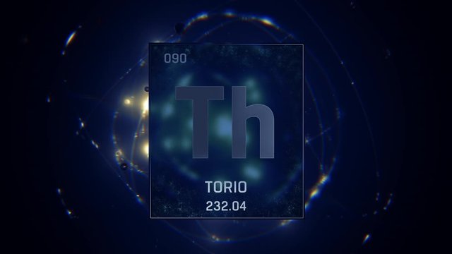 Thorium as Element 90 of the Periodic Table. Seamlessly looping 3D animation on blue illuminated atom design background with orbiting electrons. Name, atomic weight, element number in Spanish language