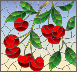 Illustration in the style of a stained glass window with the branches of cherry  tree , the  branches, leaves and berries against the sky