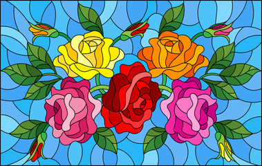 Illustration in stained glass style with flowers, buds and leaves of  roses on a blue background 