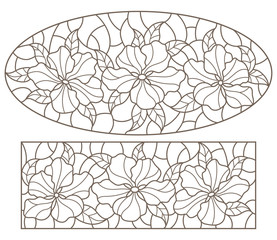 Set of contour stained glass illustrations with bouquets of flowers, horizontal  oriented, dark outlines on white background