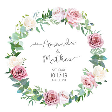 Dusty rose, greenery selection vector design round invitation