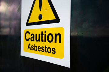 Asbestos warning sign, set of six naturally occurring silicate minerals made of microscopic fibres...