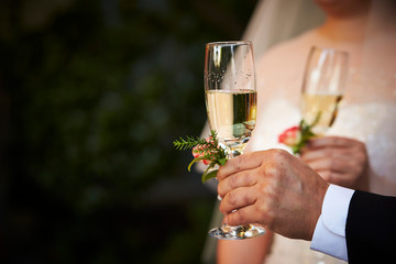 Wedding party, bride and groom with champagne 