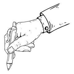 Male hand holds a pen. Vector illustration hand of a businessman holds a pen. Hand drawn  male hand in a suit holds a pen.