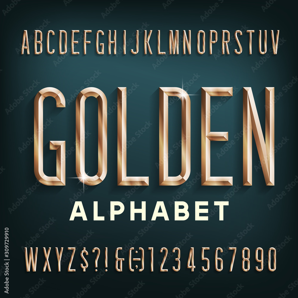 Fototapete golden alphabet font. beveled condensed letters, numbers and symbols with shadow. stock vector types