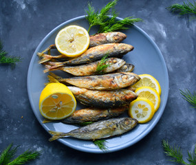 Fried horse mackerel istavrit fish skewered on a plate with lemon on the gray-black concrete background. Top view on the table with arugula's leaves.Healthy food concept, mediterranean diet.