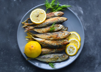 Fried horse mackerel istavrit fish skewered on a plate with lemon on the gray-black concrete background. Top view on the table with arugula's leaves.Healthy food concept, mediterranean diet.