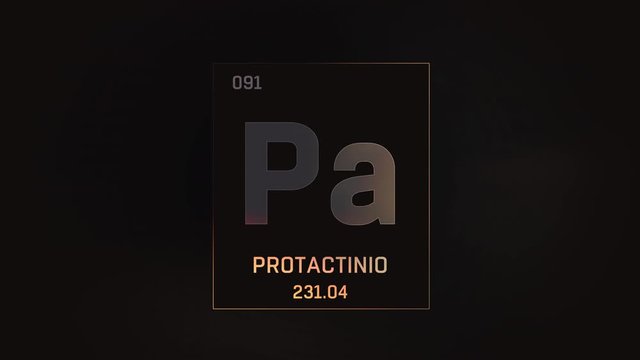 Protactinium as Element 91 of the Periodic Table. Seamlessly looping 3D animation on grey illuminated atom design background with orbiting electrons. Name, atomic weight, element number in Spanish lan