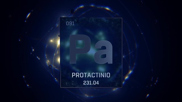 Protactinium as Element 91 of the Periodic Table. Seamlessly looping 3D animation on blue illuminated atom design background with orbiting electrons. Name, atomic weight, element number in Spanish lan
