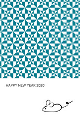 2020年賀状、年賀はがき、2020、はがきテンプレート 切り違い枡　ネズミ　イラスト