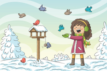 Girl feeds birds in winter. Hand drawn vector illustration with separate layers.