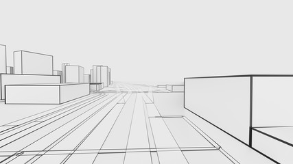 Sketch of a 3D white city with buildings and roads