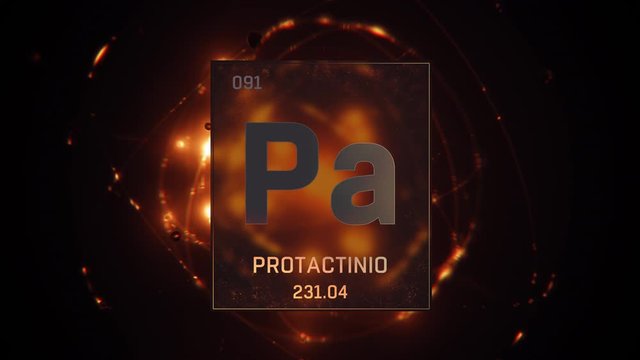 Protactinium as Element 91 of the Periodic Table. Seamlessly looping 3D animation on orange illuminated atom design background with orbiting electrons. Name, atomic weight, element number in Spanish l