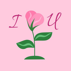 Valentine's Day Theme. The inscription "I love you", in which love is presented in the form of a blossoming flower in the shape of a heart. Pink background.