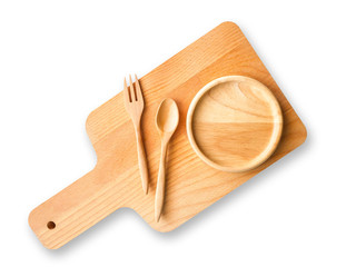 Isolated Wooden Kitchen Utensils food preparation, Cutting chopping board, spoon, fork and small round dish saucer on white background(with clipping path)