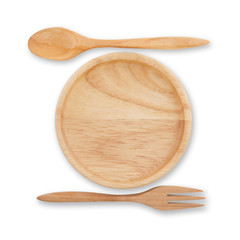 Isolated Wooden Kitchen Utensils, Spoon, fork and small empty round dish on white background(with clipping path)