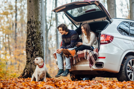 Young couple have a picnic with their dog near automobile in the forest.