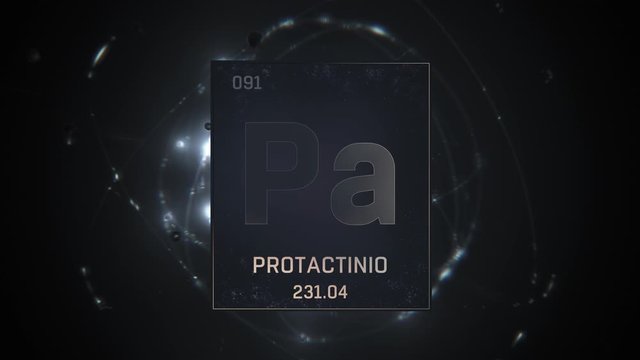 Protactinium as Element 91 of the Periodic Table. Seamlessly looping 3D animation on silver illuminated atom design background with orbiting electrons. Name, atomic weight, element number in Spanish l