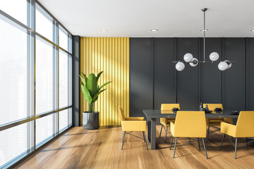 Gray and yellow panoramic dining room interior