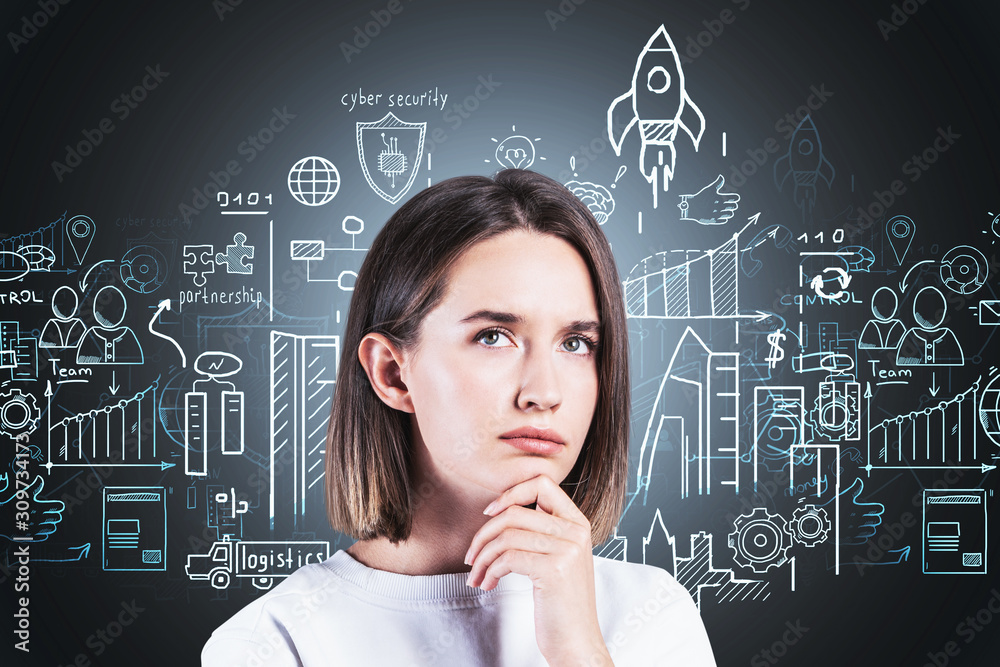 Wall mural Pensive casual woman, start up sketch