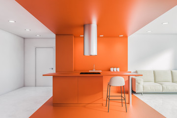 White and orange kitchen interior, bar and sofa
