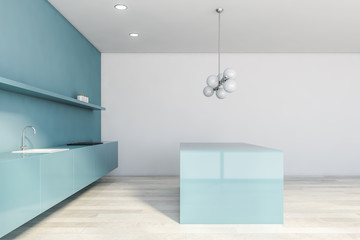 Obraz na płótnie Canvas Side view of white and blue kitchen with island