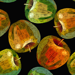Embroidery apples seamless pattern. Fruit art. Fashion template for clothes, textiles
