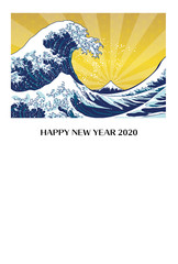 年賀状、年賀状2020、2020、年賀はがき、シンプル、はがきテンプレート　波　金