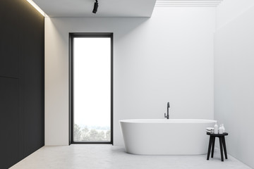 Fototapeta na wymiar White and gray loft bathroom interior with tub
