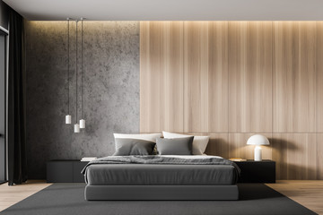 Concrete and wooden master bedroom interior