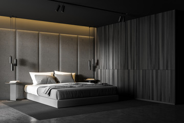 Gray and wood master bedroom corner