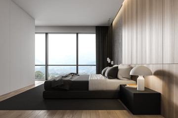 Wooden and white master bedroom, side view