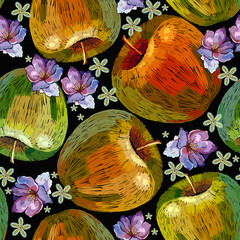 Embroidery apples and pink flowers seamless pattern. Fashion template for clothes, textiles and t-shirt design