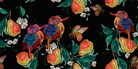 Embroidery tropical birds and pear fruits leaves. Botanical illustration. Horizontal seamless pattern. Fashion clothes template, t-shirt design