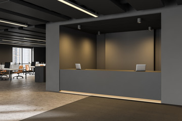 Gray reception table in open space office