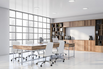 White and wooden CEO office corner with bookcase