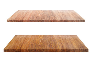 Set of empty brown wooden shelf on white background. for montage of your product