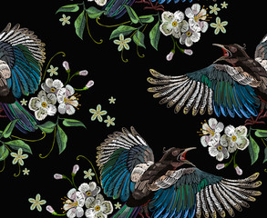 Embroidery magpie birds and flowers. Seamless pattern. Template for clothes, textiles, t-shirt design