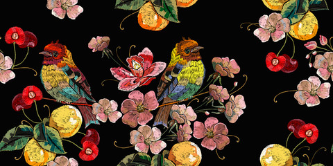 Blossom cherry flowers, birds and lemons. Horizontal seamless pattern. Fashion clothes template, t-shirt design