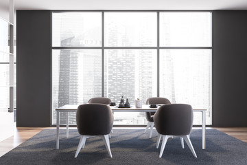 Panoramic gray dining room with armchairs