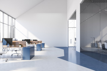 Fototapeta na wymiar Panoramic white and blue open space office