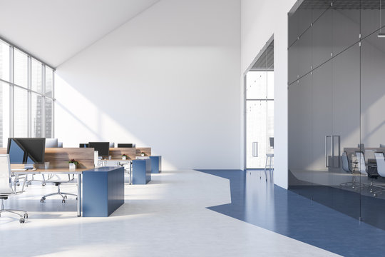 Panoramic white and blue open space office